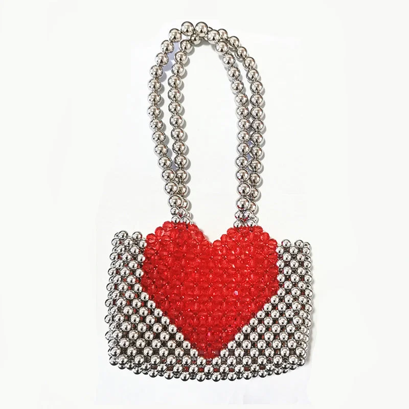 Top Quality Girls Heart Pattern Pearl Handbag Ladies Acrylic Pearl Beaded Shoulder Clutch Bag