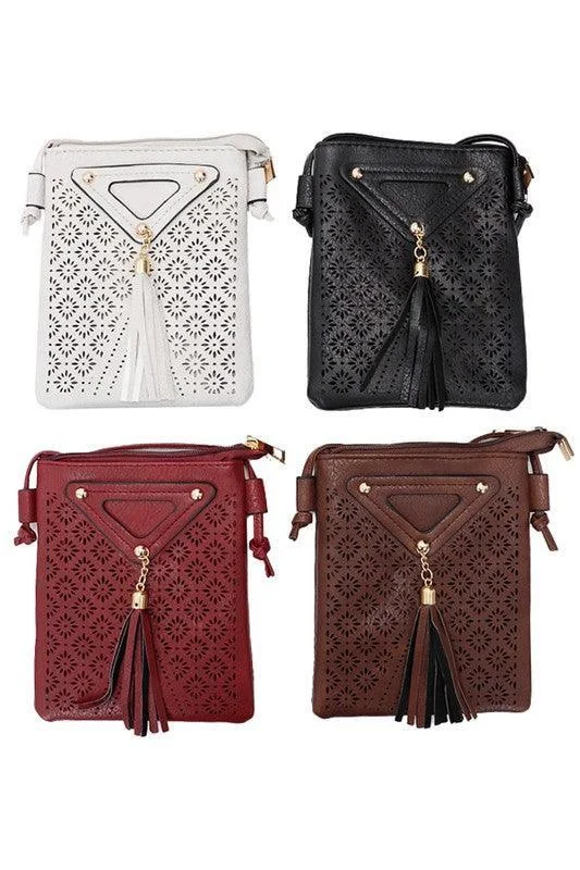 Tassel Studded Laser Cut PU Leather Crossbody Bag