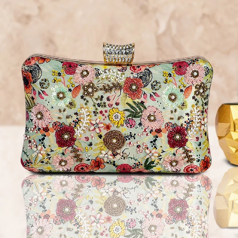 Floral Hand Embroidered Multi Color Clutch