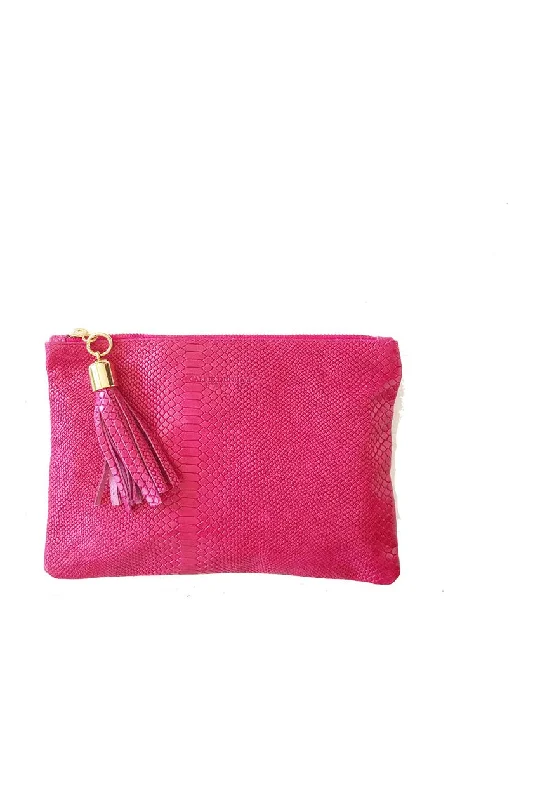 Shaker Hot Pink Embossed Python Tassel Clutch