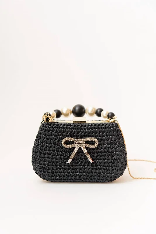 Women's Bow Raffia Clutch Bag In Black