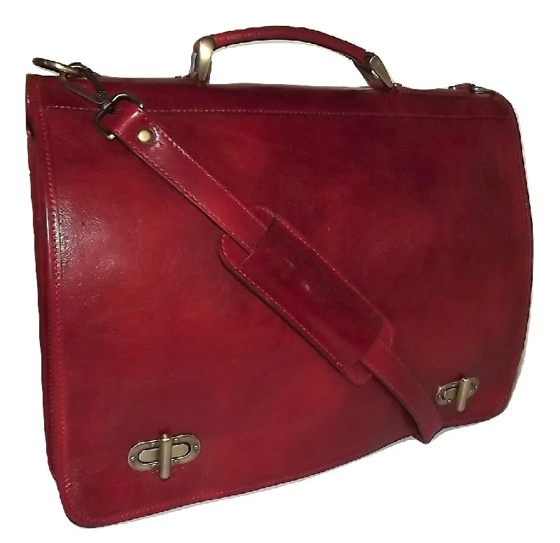 Baglioni Italia Leather Front Flap Double Gusset Briefcase with Strap Red