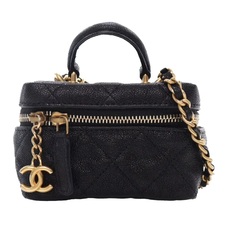 Black Chanel Mini CC Caviar Chain Zip Around Vanity Bag Satchel