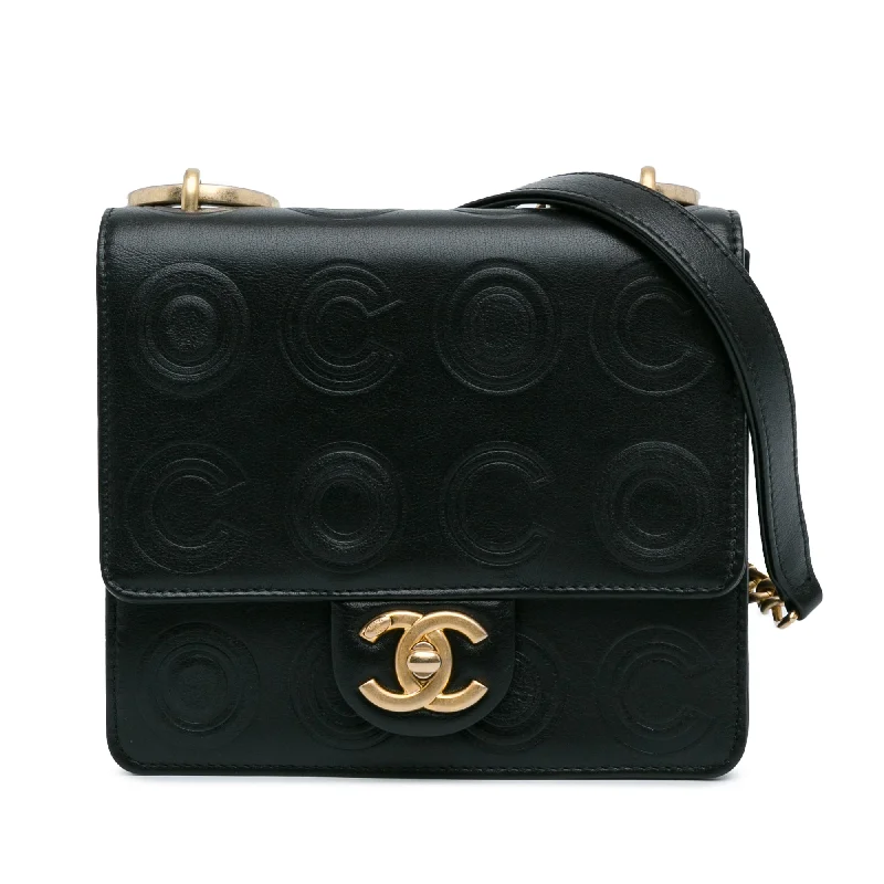 Black Chanel Mini Square Coco Embossed Calfskin Flap Crossbody Bag