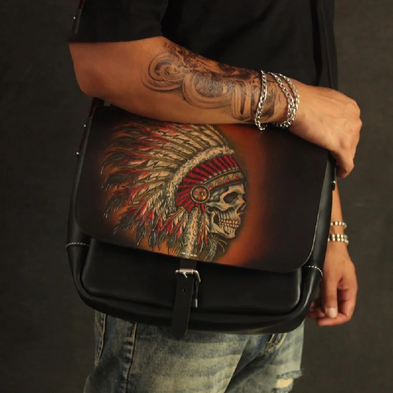 Handmade Black Tooled Indian Chief Skull Leather Courier Bag Messenger Bag For Men