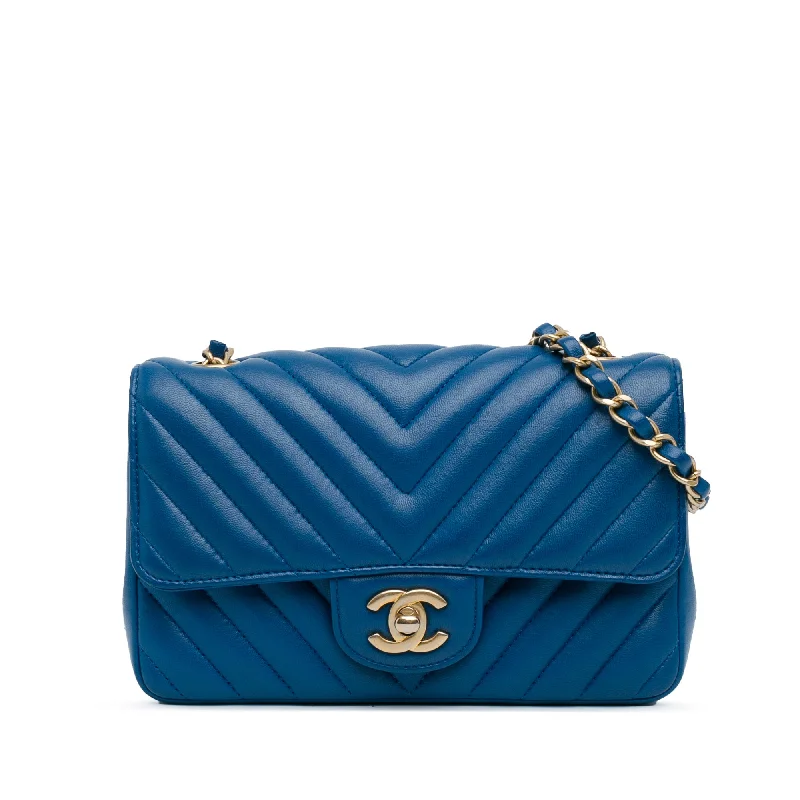 Blue Chanel Mini Rectangular Classic Chevron Lambskin Single Flap Crossbody Bag