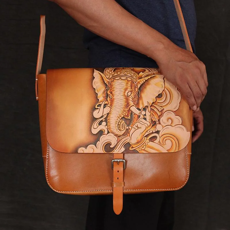 Brown Handmade Ganesha Tooled Leather Courier Bag Messenger Bag Side Bag For Men