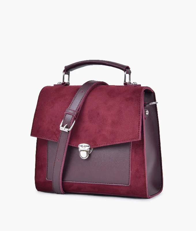 Burgundy suede push-lock messenger bag