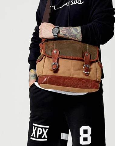 Khaki Canvas Leather Mens Coffee Side Bag Messenger Bag Khaki Canvas Courier Bag for Men