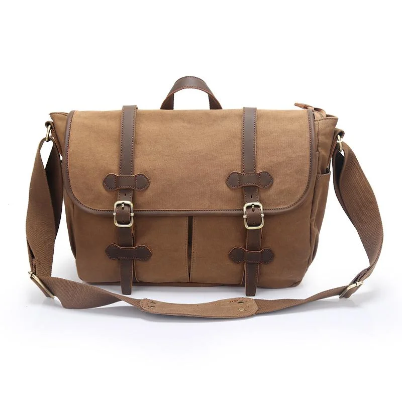 Canvas Leather Mens Womens 14" Side Bag Khaki Messenger Bag Shoulder Bag Handbag for Men