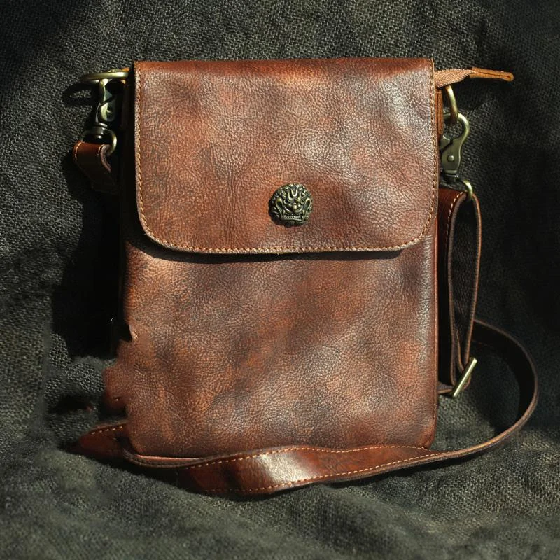 Cool Brown Leather Mens Vertical Side Bag Small Messenger Bag Courier Bag For Men