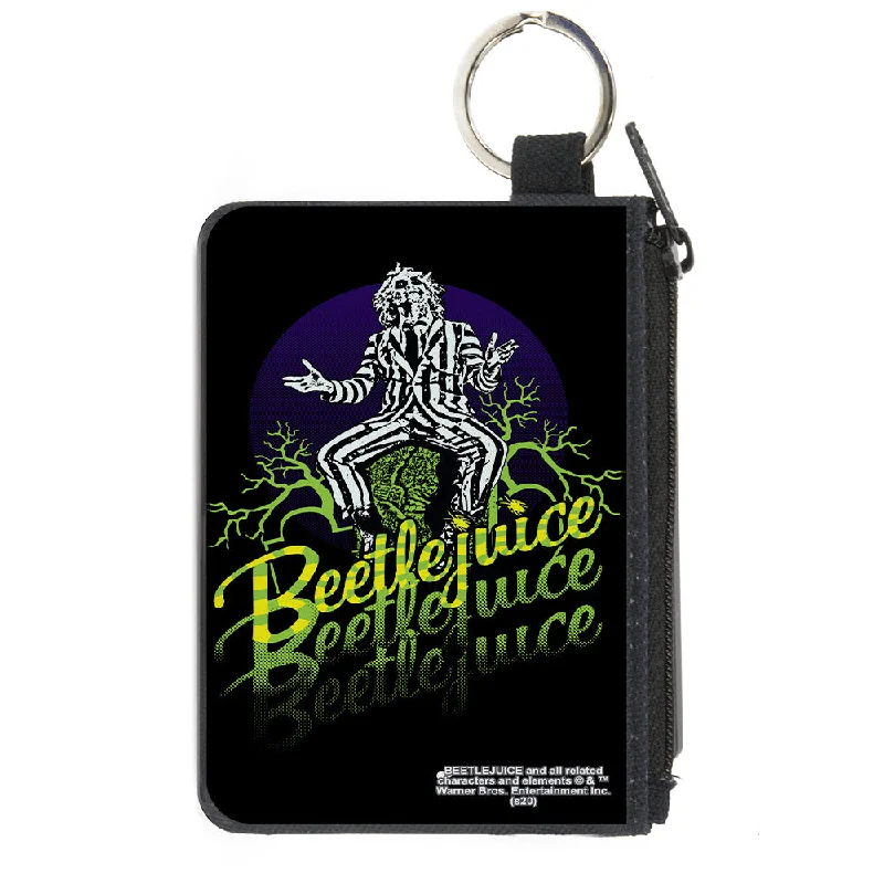 Canvas Zipper Wallet - MINI X-SMALL - BEETLEJUICE Sitting on Tombstone Pose Trees Black Purple Green Yellow