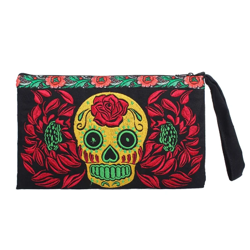 Culturas Sugar Skull Embroidered Wristlet with Flower Trim - Thailand