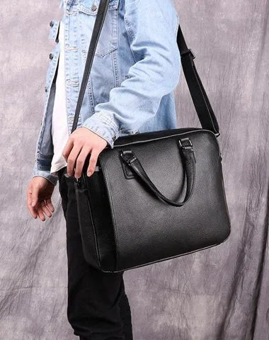 Fashion Black Leather Men's Professional Briefcase Handbag 14'' Computer Briefcase For Men