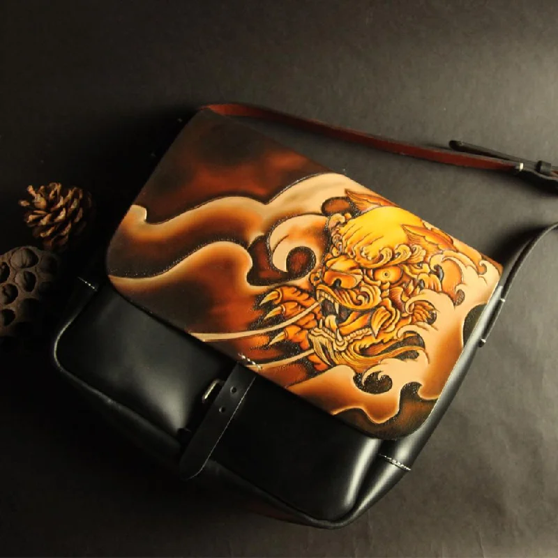 Handmade Black Tooled Chinese Lion Leather Courier Bag Messenger Bag For Men