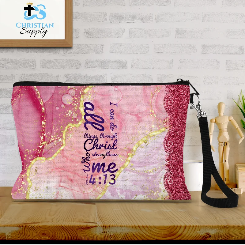 I Can Do All Things Through Christ Who Strengthens Me Pink and Gold Wristlet