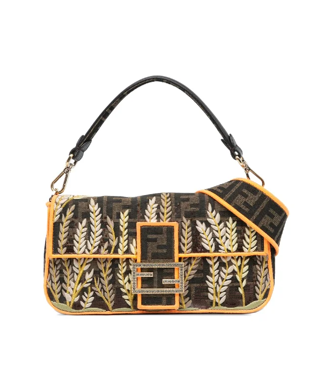 Embroidered Canvas Baguette Satchel with Leather Trim and Detachable Straps