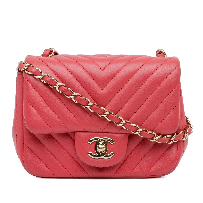 Red Chanel Mini Square Classic Chevron Lambskin Flap Crossbody Bag