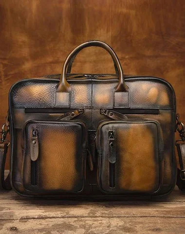 Vintage Brown Leather Men's Briefcase 14'' Computer Briefcase Professional Handbag For Men