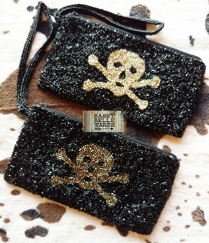 Skull and Crossbones Beaded Wristlet - Silver or Pewter