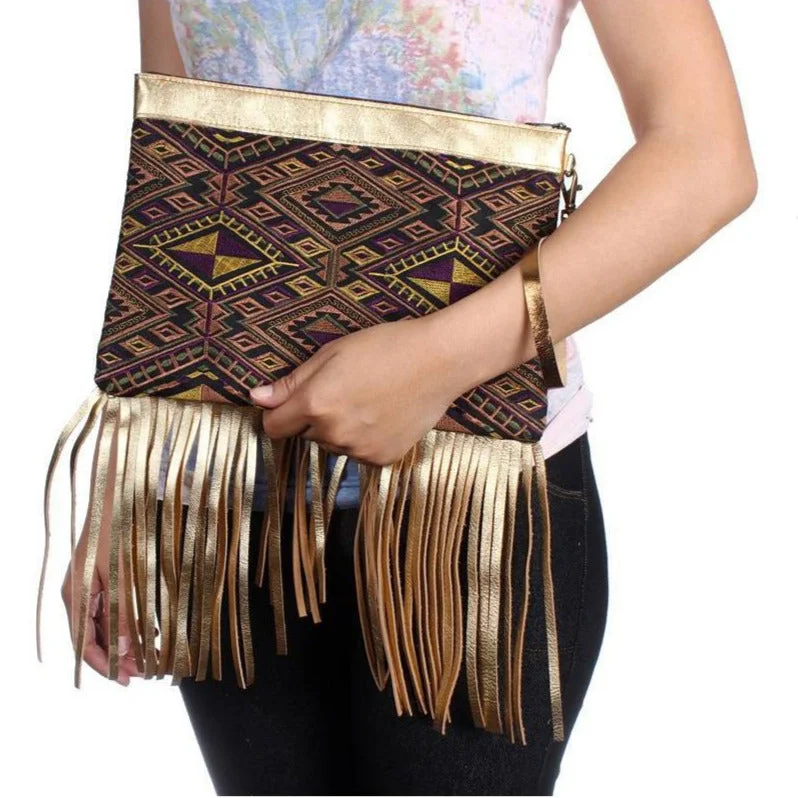 Metallic Leather & Embroidery Wristlet iPad | Tablet Bag - Thailand