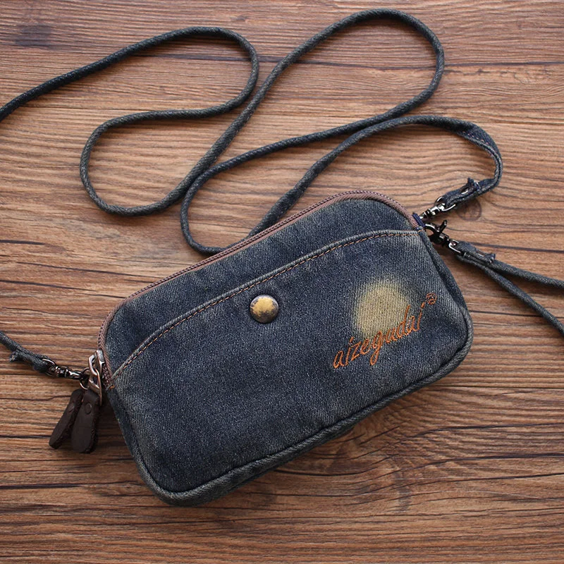 Vintage Womens Blue Small Denim Phone Shoulder Bag Denim Messenger Purse for Women