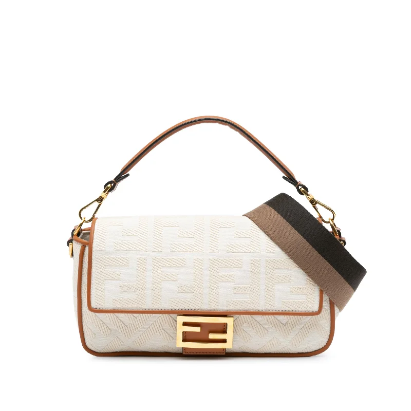 White Fendi Medium Embroidered Canvas Baguette Satchel