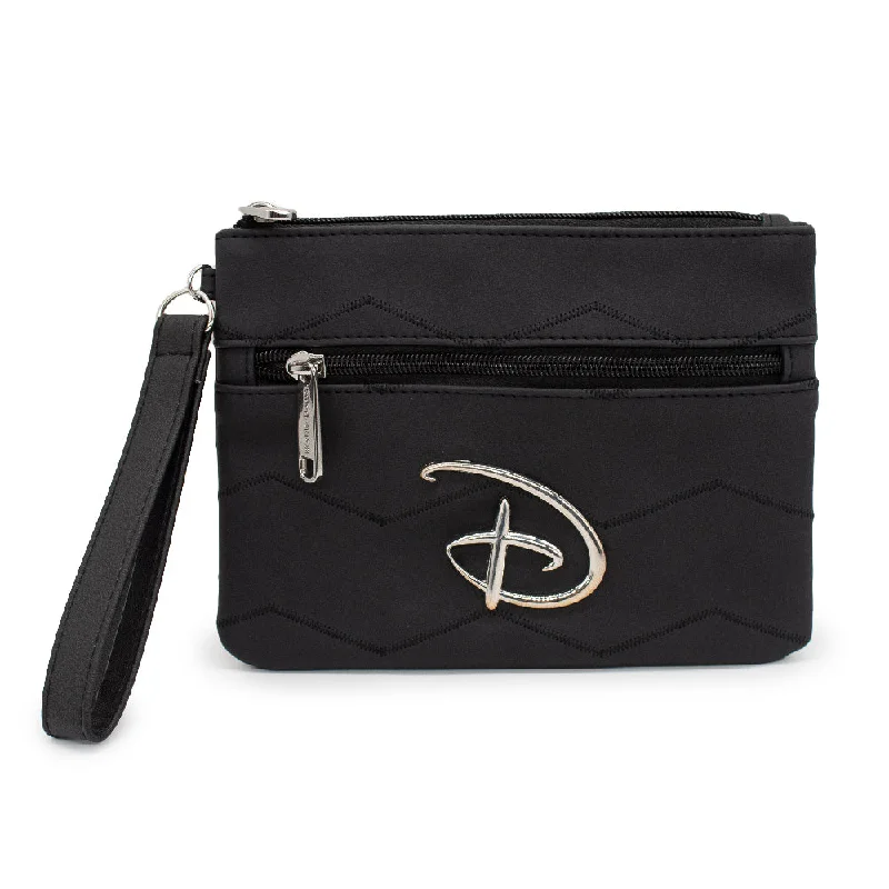 Women's Wallet Double Pocket Wristlet - Disney Signature D Silver Logo with Chevron Stitch Black