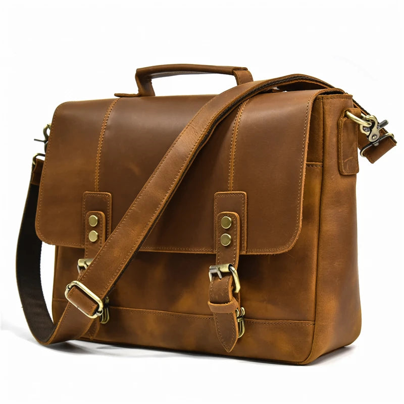 Crazy Horse Leather Briefcase Vintage Shoulder Bag.