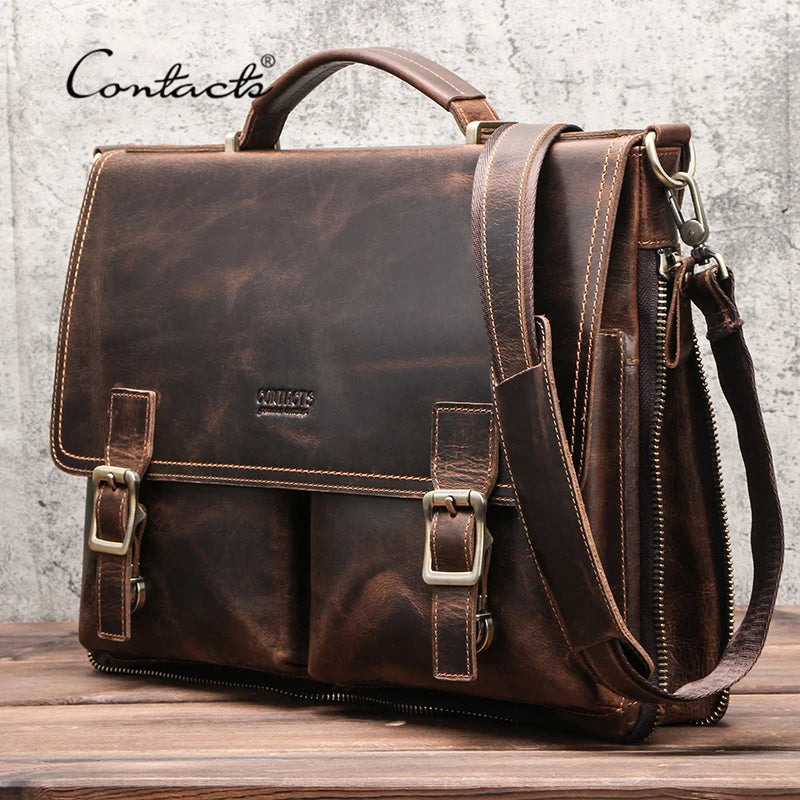 CONTACT'S Briefcase Shoulder Bag Crazy Horse Leather for 14 inch Laptop.