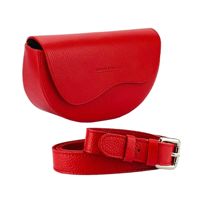 RB1027V | Women's rounded crossbody bag in genuine leather Made in Italy. Removable and adjustable leather shoulder strap. Polished Nickel Accessories - Red Color - Dimensions: 25 x 15 x 9 cm